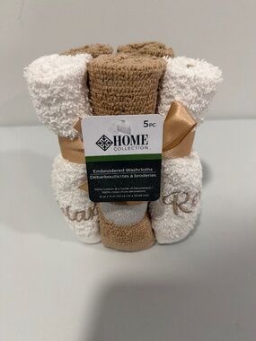 Cotton White Taupe Relax Embroidery on two and bathtub on one 5 Washcloths